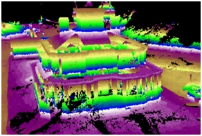 Color scale show change in elevations’ in this 100 year old farm house.  In  a 3D Laser scan